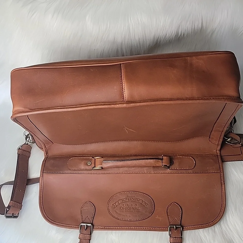 H.H. BROWN Tan‎ Leather Laptop Attaché Work Messenger Crossbody Shoulder Bag VTG